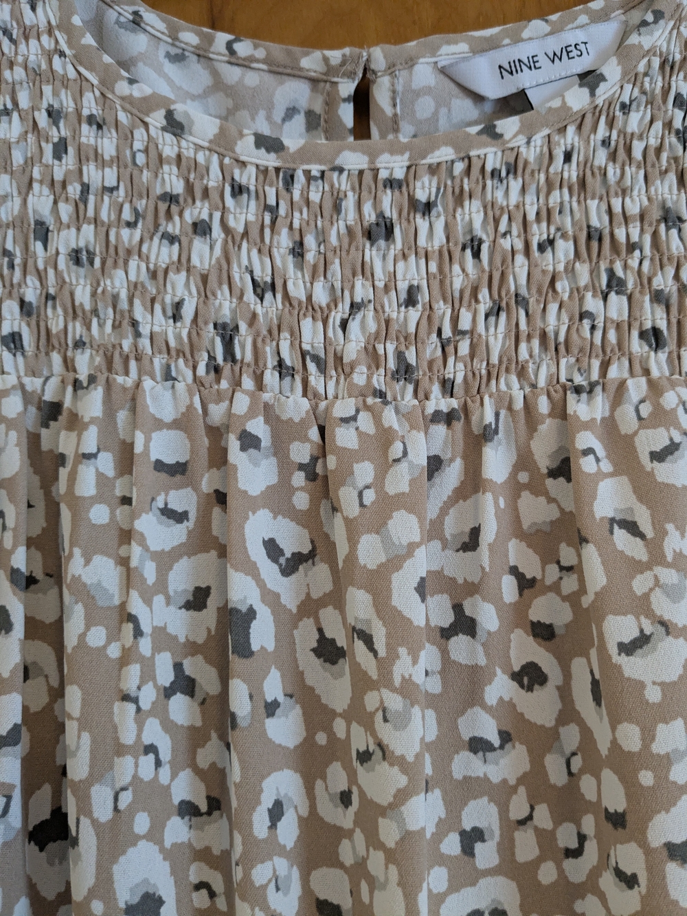 Nine West Beige Animal Print Smocked Peplum Top - Picture 3 of 10